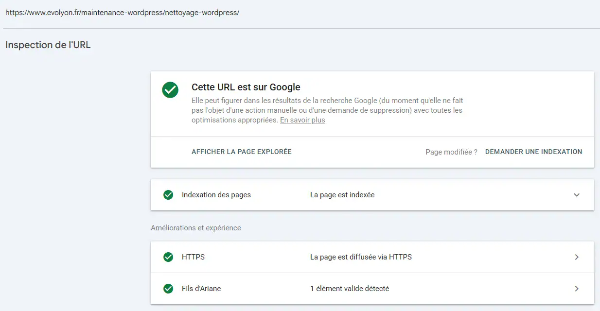 Inspection dURL Inspection d’une URL WordPress dans Google Search Console